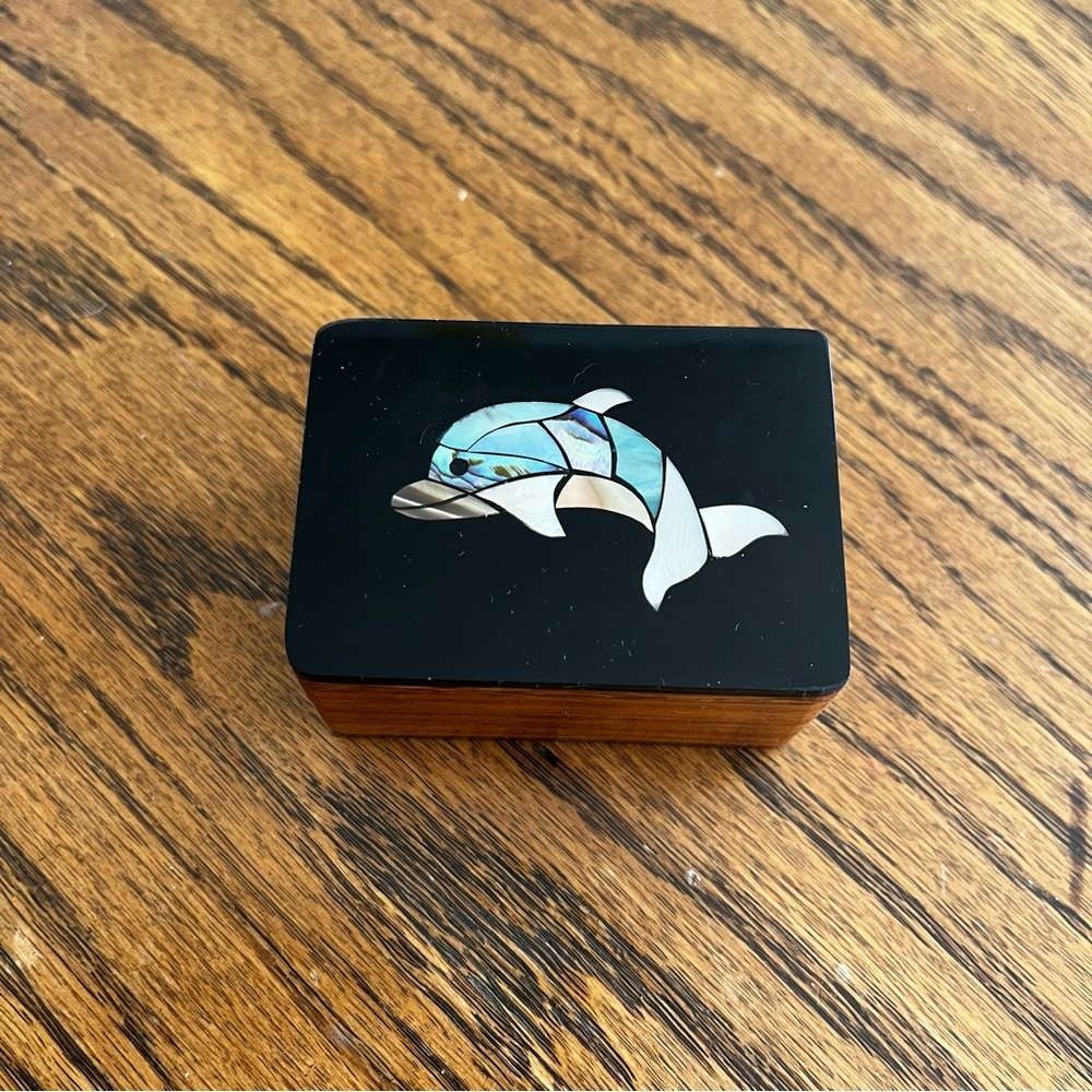 Vintage Abalone Dolphin Wood Trinket Box